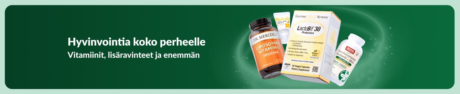 iHerbin hyvinvointibanneri, joka mainostaa terveystuotteita ja arjen ravitsemusta. Kuvassa vitamiineja ja lisäravinteita koko perheelle.