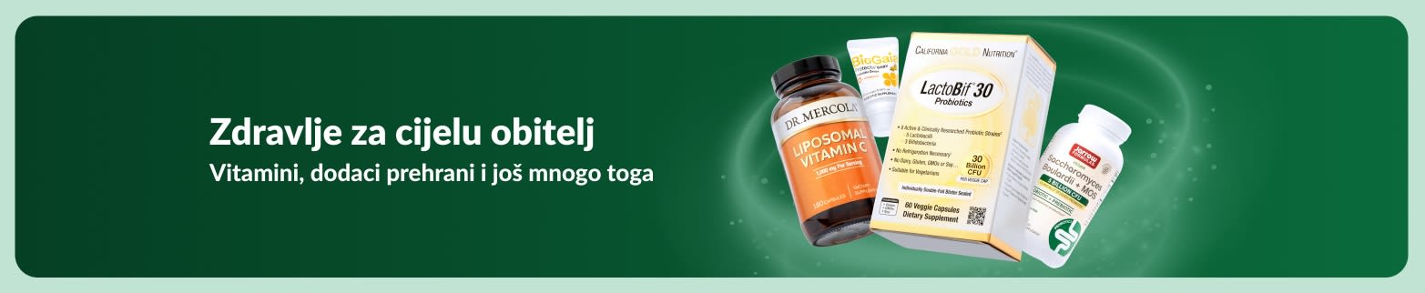 iHerb wellness reklamni natpis s vitaminima i dodacima prehrani za cijelu obitelj, koji promovira proizvode za zdravlje i svakodnevnu prehranu.