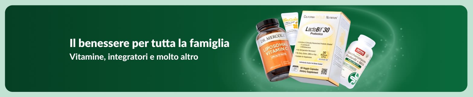 Banner iHerb dedicato al benessere con vitamine e integratori per tutta la famiglia, per la promozione di prodotti per la salute e la nutrizione quotidiana.