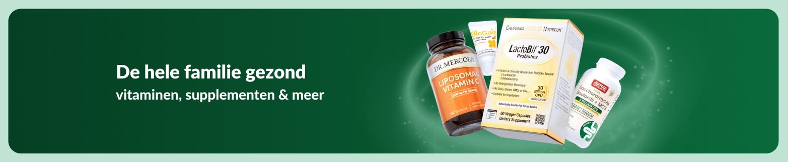 iHerb wellnessbanner met vitamines en supplementen voor het hele gezin, ter promotie van gezondheidsproducten en dagelijkse voeding.