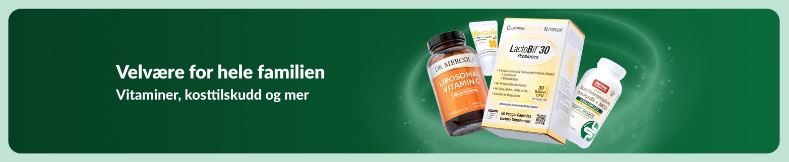 iHerb-velværebanner med vitaminer og kosttilskudd for hele familien, som fremmer helseprodukter og daglig ernæring.
