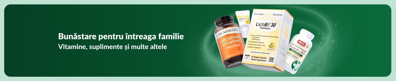 Banner iHerb de wellness, cu vitamine și suplimente pentru întreaga familie, promovând produse de sănătate și nutriție.