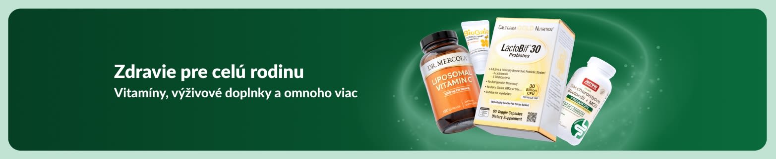 iHerb baner s vitamínmi a výživovými doplnkami pre celú rodinu, ktorý propaguje zdravé produkty a výživu na každý deň.