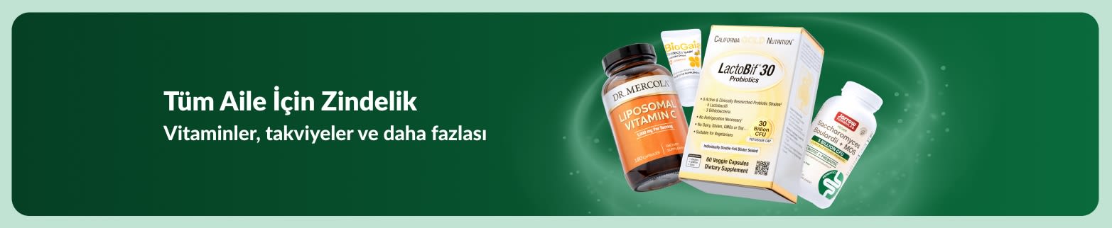 Tüm aile için vitamin ve takviyelerin yer aldığı sağlık ürünlerini ve günlük beslenme desteğini öne çıkaran iHerb zindelik banner’ı.