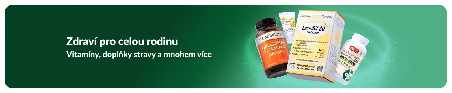 iHerb banner s vitamíny a doplňky stravy pro celou rodinu, propagující produkty pro zdraví a každodenní výživu.