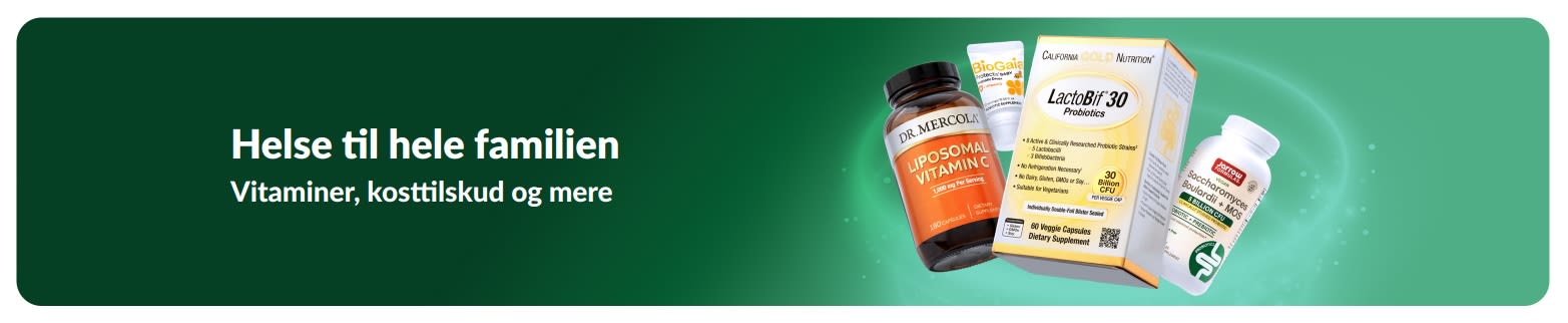 iHerb helsebanner med vitaminer og kosttilskud til hele familien, der promoverer sundhedsprodukter og daglig ernæring.