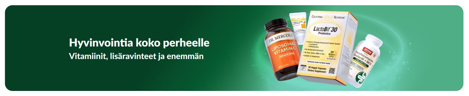iHerbin hyvinvointibanneri, joka mainostaa terveystuotteita ja arjen ravitsemusta. Kuvassa vitamiineja ja lisäravinteita koko perheelle.