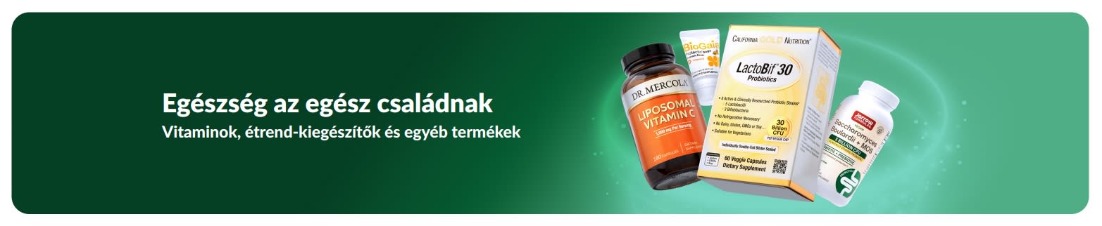 Az iHerb wellness bannerje, amely az egész család számára kínált vitaminokat és étrend-kiegészítőket ábrázol, az egészségügyi termékeket és a tápanyagok fontosságát népszerűsítve.