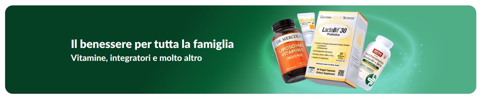 Banner iHerb dedicato al benessere con vitamine e integratori per tutta la famiglia, per la promozione di prodotti per la salute e la nutrizione quotidiana.