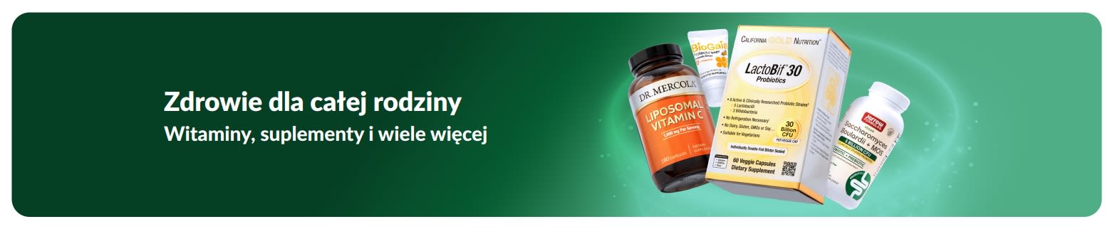 Baner iHerb dotyczący zdrowia, prezentujący witaminy i suplementy dla całej rodziny, promujący produkty zdrowotne oraz codzienną suplementację.