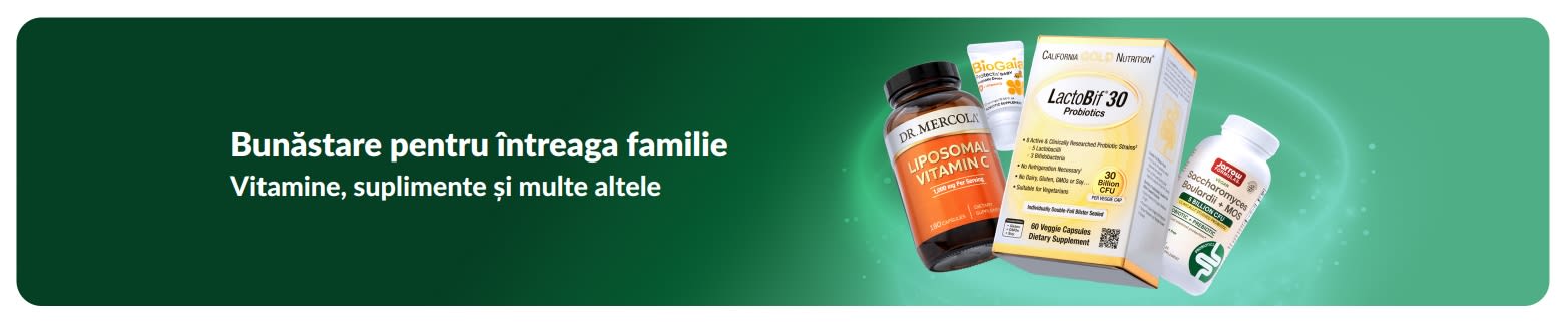 Banner iHerb de wellness, cu vitamine și suplimente pentru întreaga familie, promovând produse de sănătate și nutriție.