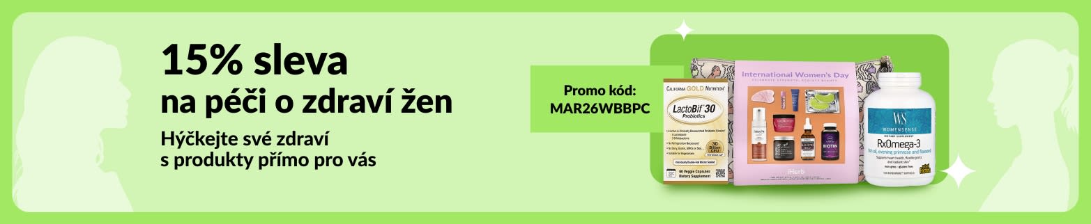15% sleva na péči o zdraví žen s promo kódem MAR26WBBPC. Produkty pro zdraví žen jsou zobrazeny na zeleném pozadí.