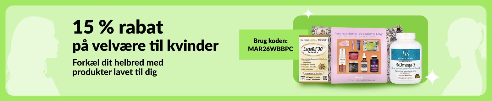 15 % rabat på helse til kvinder. Brug koden MAR26WBBPC. Helseprodukter til kvinder, som vises på en grøn baggrund.