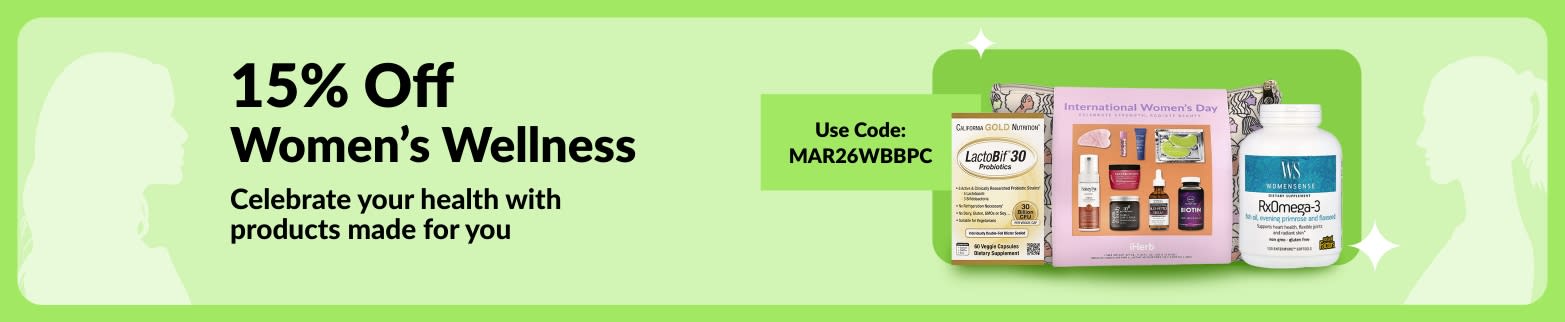 15% Off Women’s Wellness. Use code MAR26WBBPC. Women’s wellness items displayed on green background.