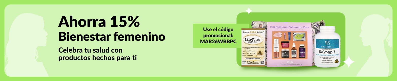 Ahorra 15% en bienestar femenino. Usa el código MAR26WBBPC. Artículos de bienestar femenino sobre fondo verde.