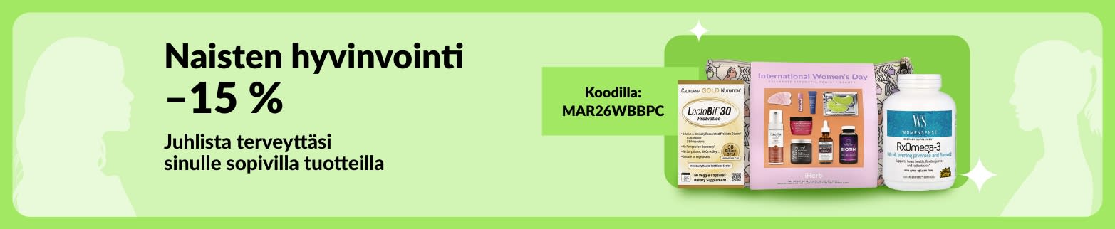–15 % naisten hyvinvoinnista koodilla MAR26WBBPC. Kuvassa naisten hyvinvointituotteita vihreää taustaa vasten.