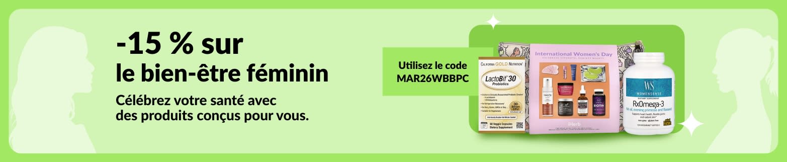 15 % de réduction sur le bien-être féminin. Utilisez le code MAR26WBBPC. Articles bien-être féminin affichés sur fond vert.