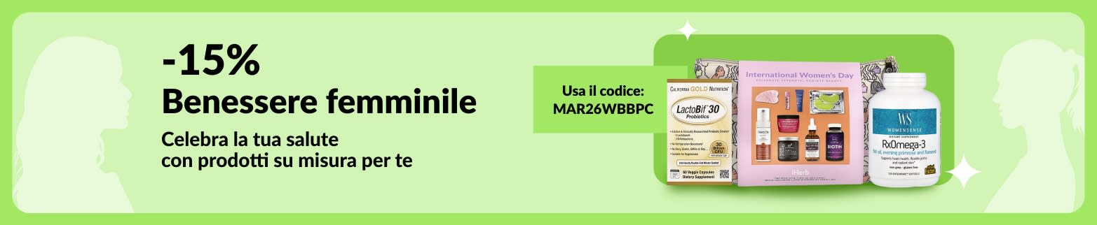 15% di sconto sul benessere femminile. Usa il codice MAR26WBBPC. Prodotti legati al benessere femminile sono mostrati su uno sfondo verde.