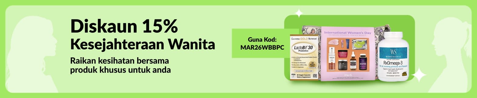 Diskaun 15% Kesejahteraan Wanita. Guna kod MAR26WBBPC. Item kesejahteraan wanita terpapar pada latar hijau muda