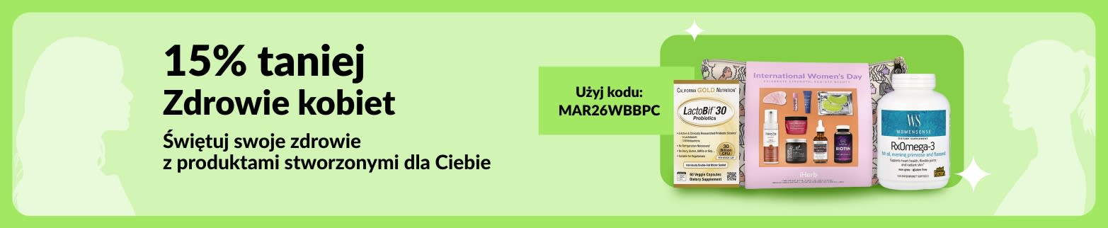 15% zniżki na produkty dla zdrowia kobiet. Użyj kodu MAR26WBBPC. Produkty dla kobiet wyświetlone na zielonym tle.