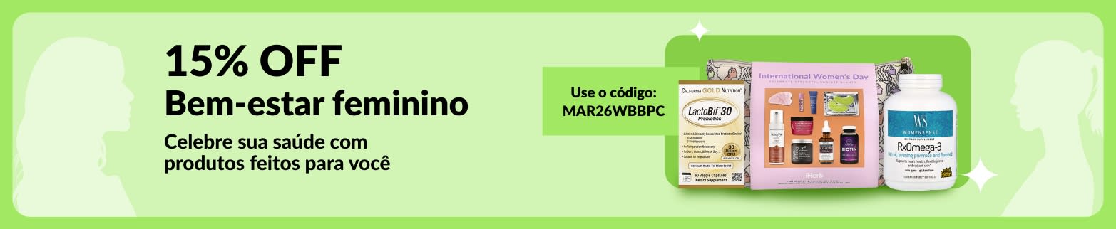 15% OFF em bem-estar feminino. Use o código MAR26WBBPC. Itens de bem-estar feminino destacados em fundo verde.