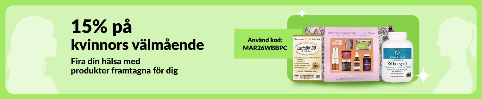 15 % rabatt på kvinnors välmående. Använd koden MAR26WBBPC. Hälsoprodukter för kvinnor visas på grön bakgrund.