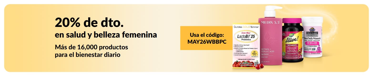 20% de descuento en productos de salud y belleza femenina con el código MAY26WBBPC.