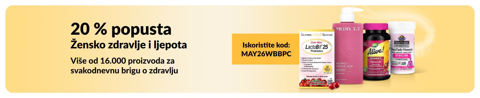 20 % popusta na proizvode za žensko zdravlje i ljepotu uz kod MAY26WBBPC, uključujući osnovne proizvode.