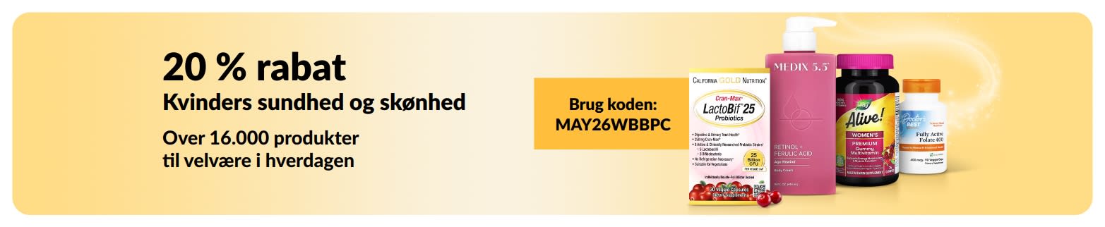 20% rabat på kvinders helse- og skønhedsprodukter med koden MAY26WBBPC, herunder essentielle produkter.