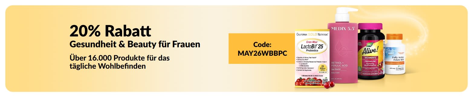 20% auf Gesundheits- und Beautyprodukte für Frauen mit dem Code MAY26WBBPC mit der Abbildung von Produkten.