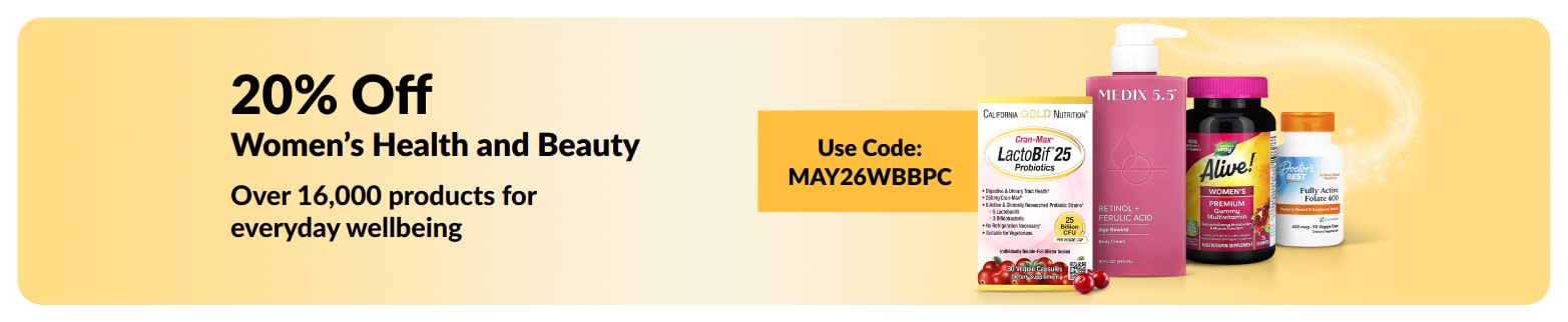 20% off women’s health and beauty products with code MAY26WBBPC, featuring essential products.