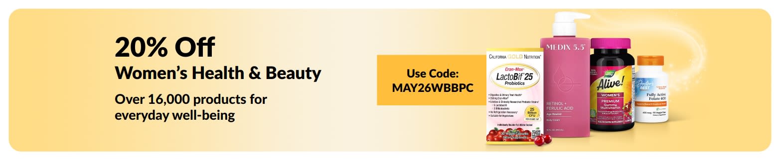 20% off women’s health and beauty products with code MAY26WBBPC, featuring essential products.