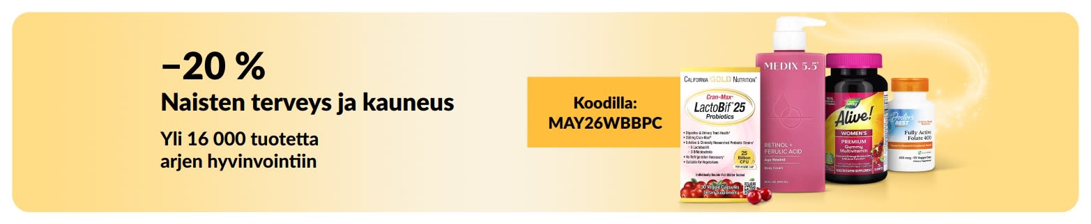 −20 % naisten terveys- ja kauneustuotteista koodilla MAY26WBBPC. Kuvassa välttämättömyystuotteita.
