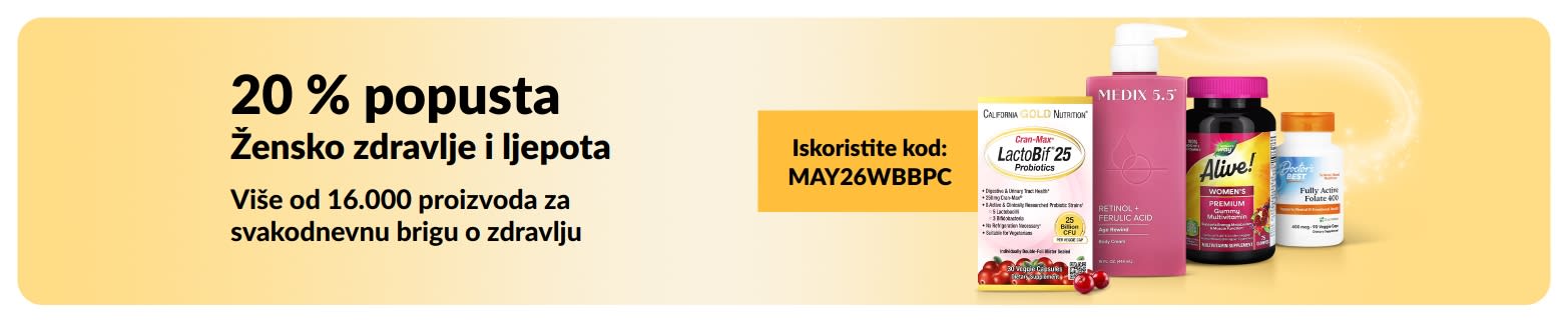20 % popusta na proizvode za žensko zdravlje i ljepotu uz kod MAY26WBBPC, uključujući osnovne proizvode.