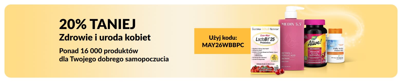 20% zniżki na produkty dla zdrowia i urody kobiet z kodem MAY26WBBPC. Odkryj niezbędne produkty w Twojej pielęgnacji.
