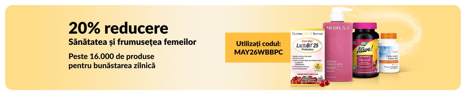 20% reducere la produsele de sănătate și frumusețe pentru femei cu codul MAY26WBBPC, cu articole esențiale.