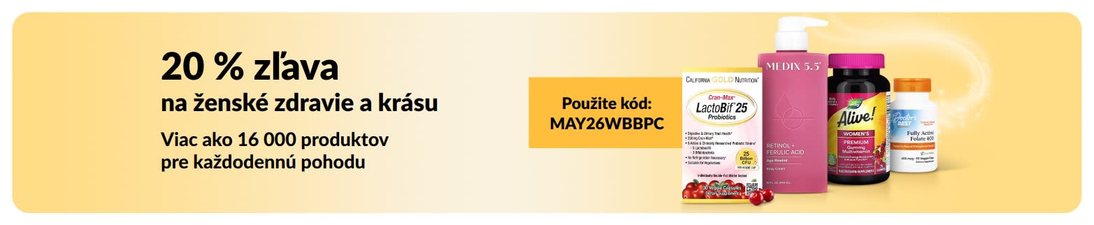 20 % zľava na kozmetiku a produkty pre zdravie žien s kódom MAY26WBBPC so zobrazenými produktmi