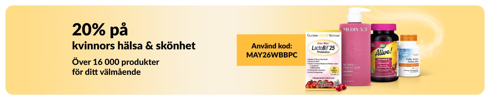 20% på kvinnors hälsa och skönhet med koden MAY26WBBPC, med bild på favoritprodukter.