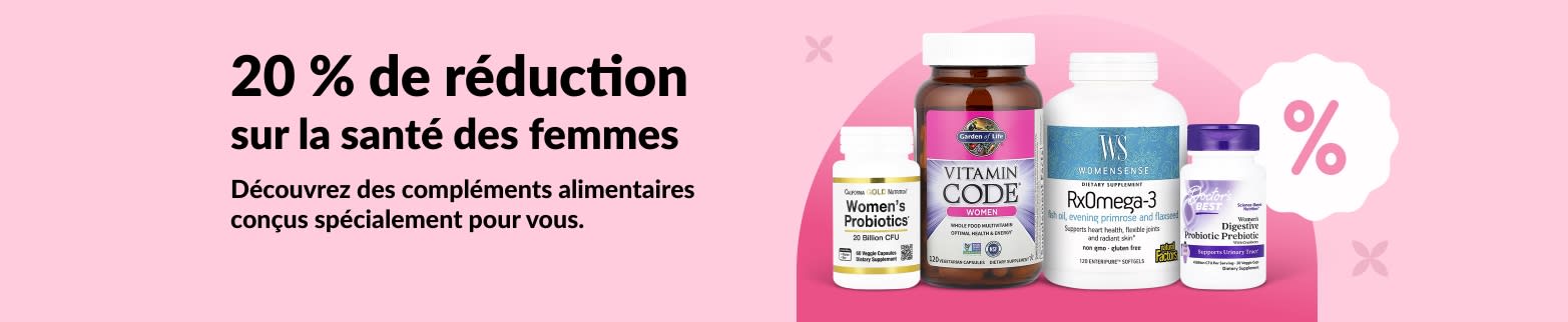 Bannière iHerb offrant 20 % de réduction sur les compléments alimentaires pour la santé des femmes, notamment les probiotiques, les multivitamines et les oméga-3.