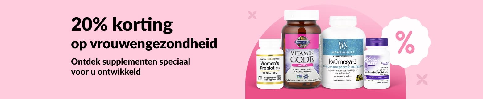 iHerb-banner met 20% korting op gezondheidssupplementen voor vrouwen, waaronder probiotica, multivitaminen en omega-3.