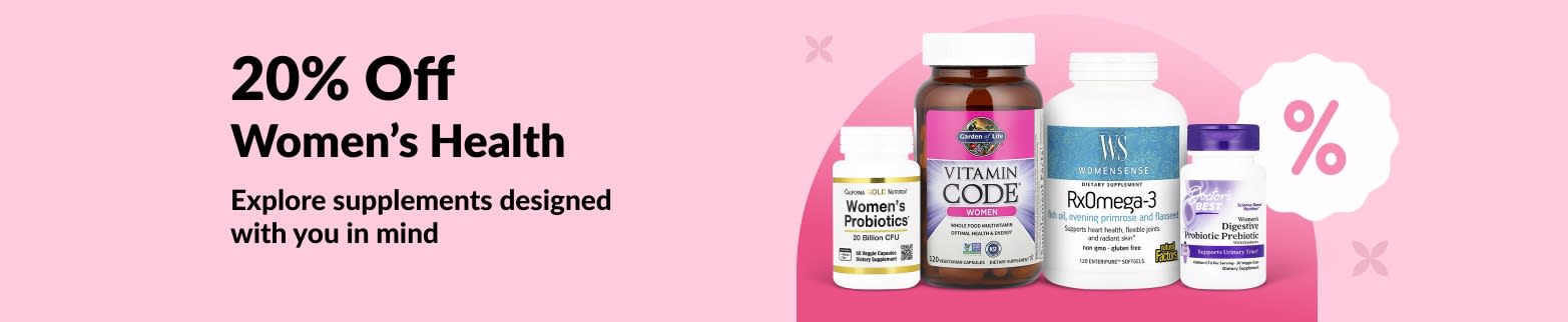 iHerb banner offering 20% off women’s health supplements, featuring probiotics, multivitamins and omega-3.