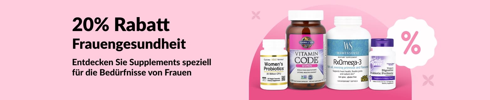 iHerb-Banner mit 20 % Rabatt auf Nahrungsergänzungsmittel für die Gesundheit von Frauen, darunter Probiotika, Multivitamine und Omega-3