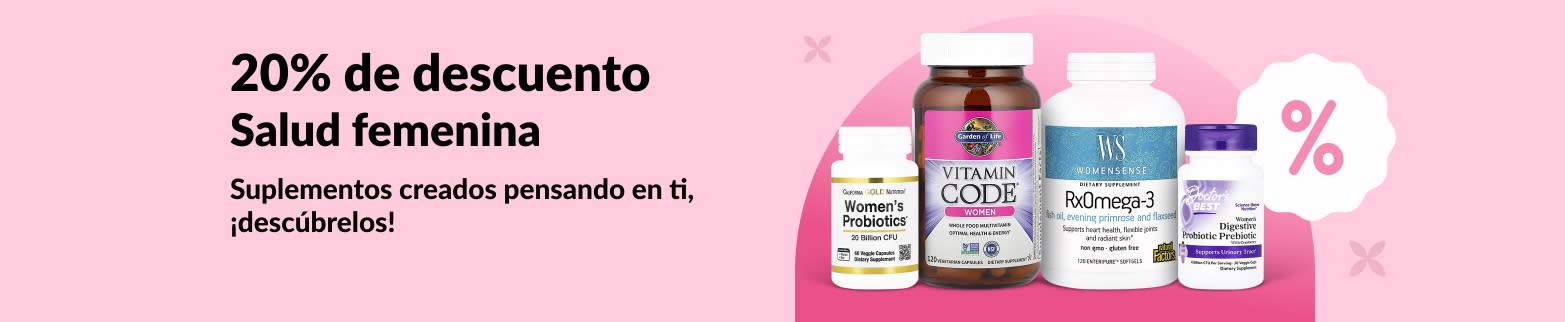 Banner de iHerb con 20% de descuento en suplementos para la salud femenina, incluyendo probióticos, multivitamínicos y omega-3.