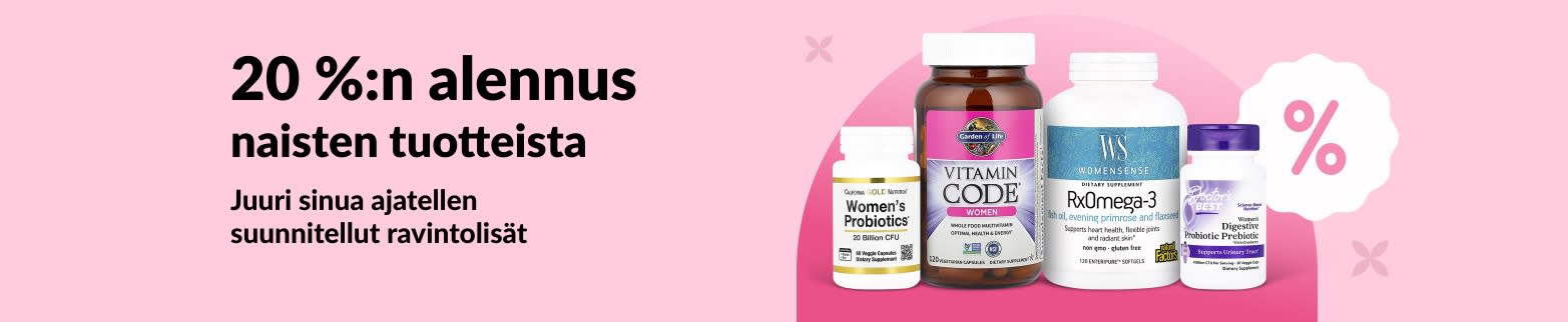 iHerb-banneri, jossa tarjotaan 20 % alennusta naisten terveyslisistä, jotka sisältävät probiootteja, monivitamiineja ja omega-3-rasvahappoja.