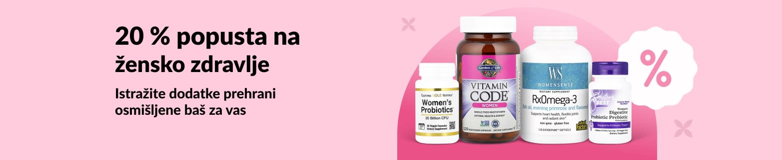 iHerb banner koji nudi 20% popusta na dodatke prehrani za žene, uključujući probiotike, multivitamine i omega-3 masne kiseline.