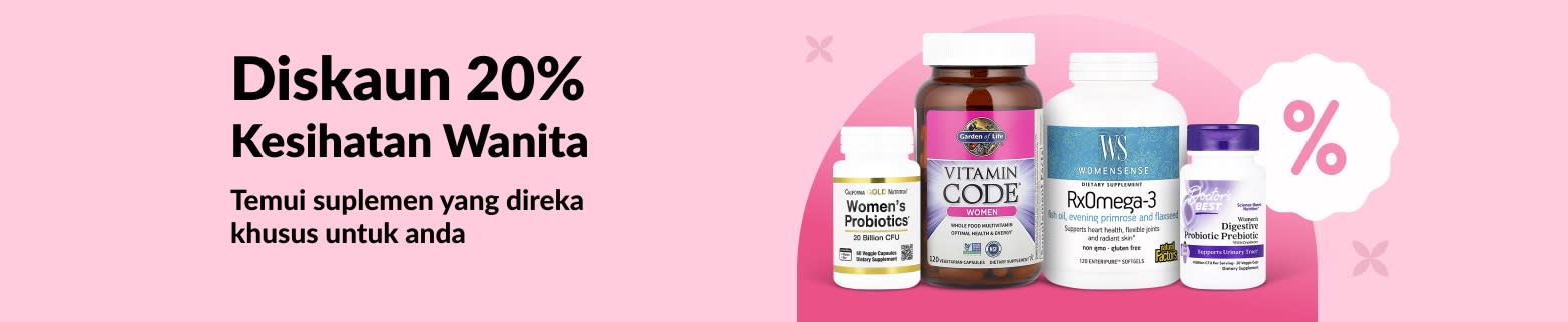 Sepanduk iHerb menawarkan diskaun 20% untuk suplemen kesihatan wanita, yang menampilkan probiotik, multivitamin dan omega-3.