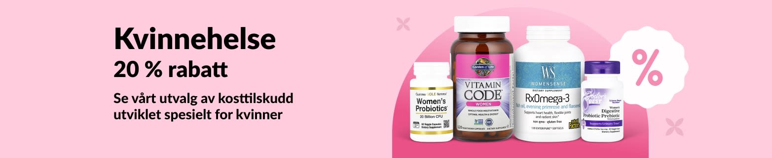 iHerb-banner som tilbyr 20 % rabatt på kosttilskudd for kvinner, med probiotika, multivitaminer og omega-3.