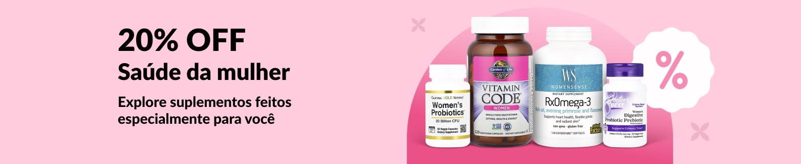 Banner da iHerb oferecendo 20% OFF em suplementos para a saúde da mulher, com destaque para probióticos, multivitaminas e ômega-3.