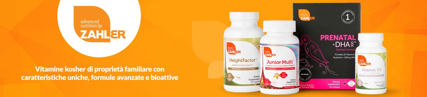 Zahler banner showcasing kosher vitamins including Prenatal +DHA, Junior Multi, HeightFactor, and Vitamin D3.