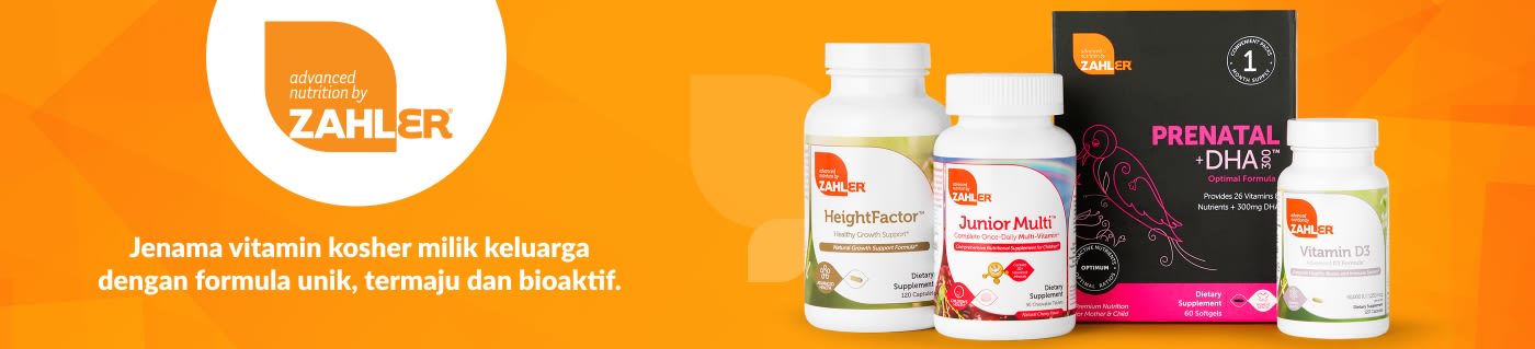 Sepanduk Zahler yang mempamerkan vitamin kosher termasuk Prenatal +DHA, Junior Multi, HeightFactor dan Vitamin D3.